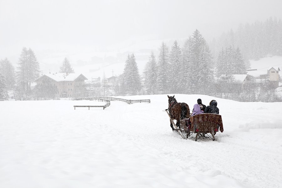 Experience traditional horse sledding, comfortable snowcats, or romantic moonlit walks.
