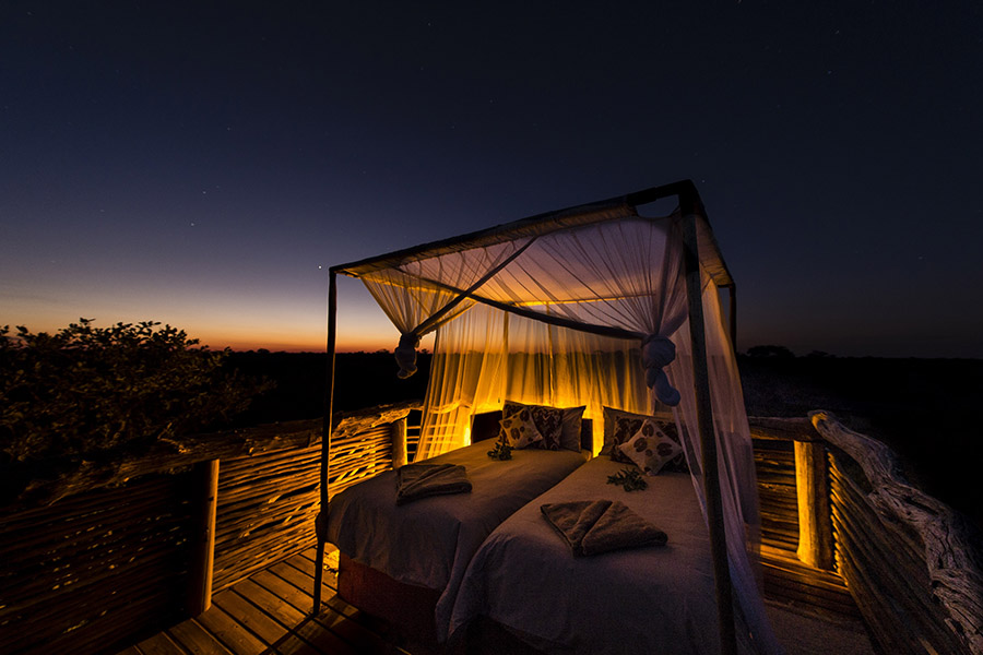 Your lantern-lit Skybed, the starry sky of Botswana, and the song of wildlife will provide the entertainment for the evening