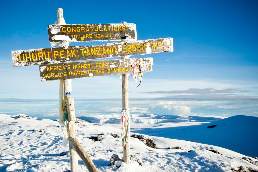 Summit Mount Kilimanjaro, at 5,895 m above sea level.